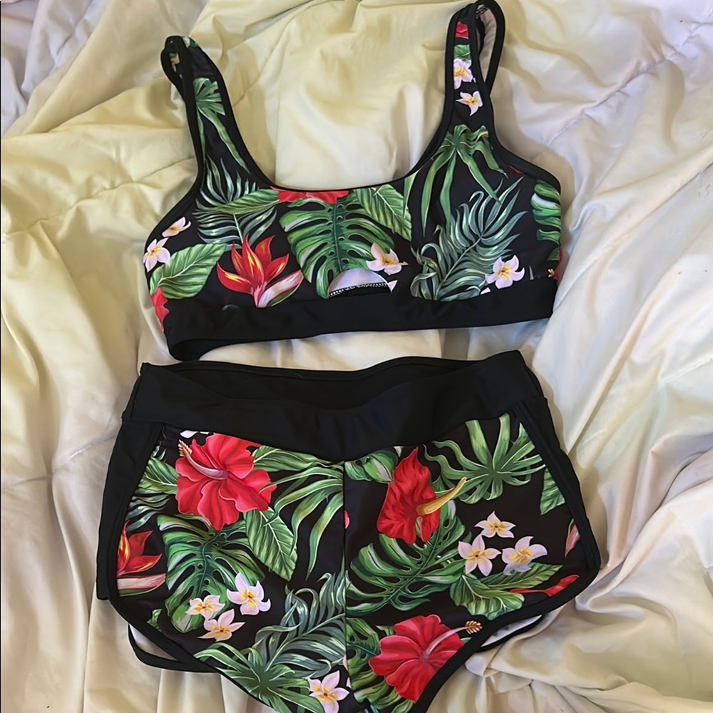 SHEIN Tropical Floral One Piece Swimsuit - Black and Green